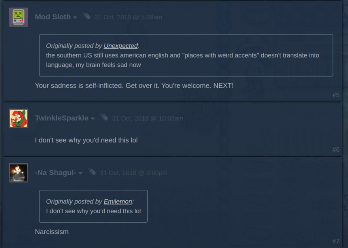 Screenshot of users on the Steam forum for Stardew Valley insisting there is no point to a British English language option